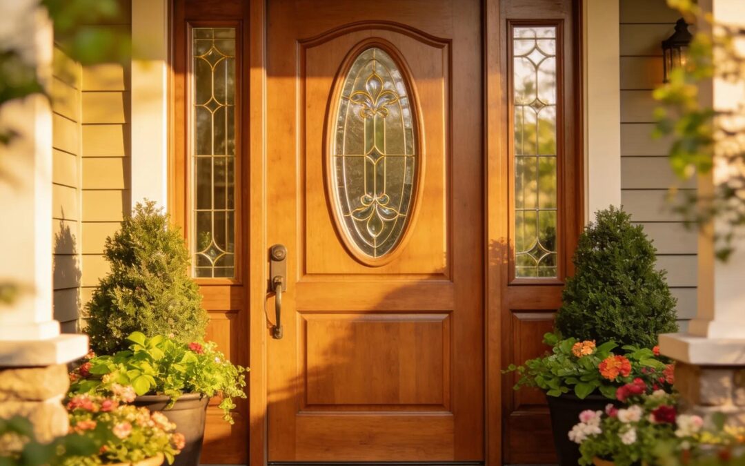 Wooden front door with glass panel and decorative details enhancing home's curb appeal