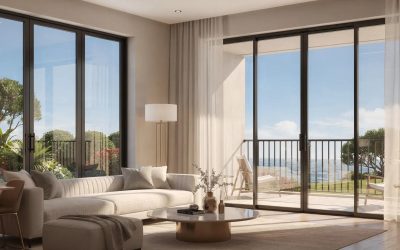 Modern living room interior with sliding glass doors and outdoor patio view.